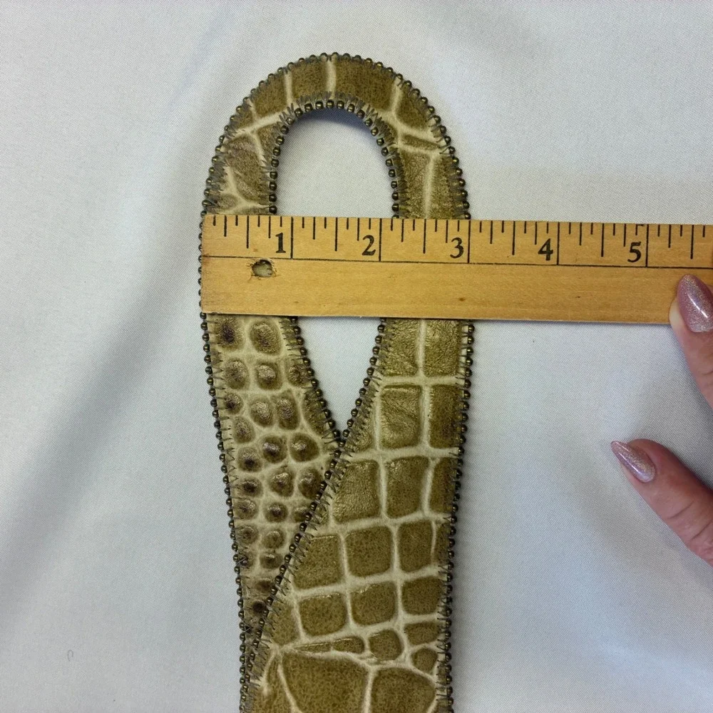 Kemestry Alligator Embossed Leather Belt Womens Large Olive‎ Tan USA